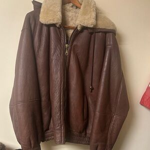 Milano Brown Leather Bomber Jacket with Shearling lining and hood .